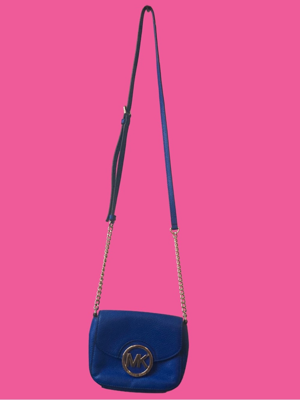 Michael Kors Royal Blue Leather Crossbody Purse with Gold Chain Strap/MK Emblem